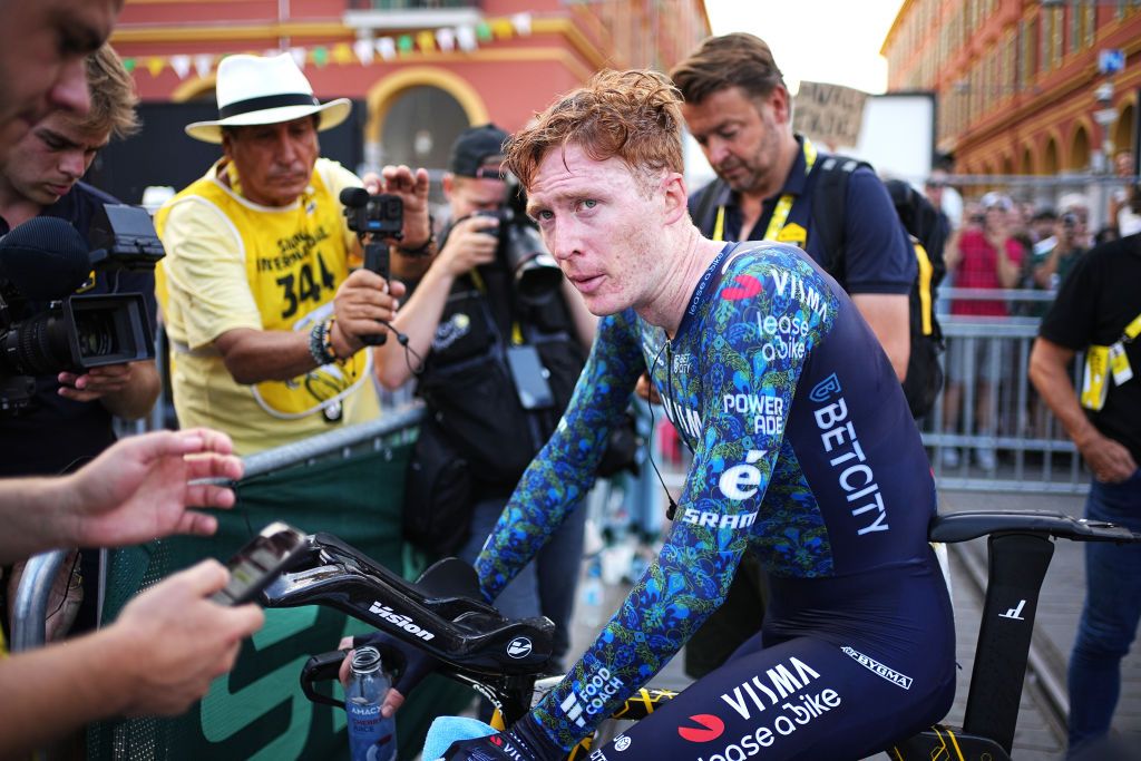 NICE FRANCE JULY 21 Matteo Jorgenson of The United States and Team Visma Lease a Bike reacts after the 111th Tour de France 2024 Stage 21 a 337km individual time trial from Monaco to Nice UCIWT on July 21 2024 in Nice France Photo by Laurent Cipriani PoolGetty Images