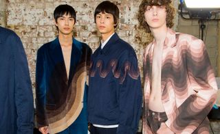 Models wear pastel jacket, navy bomber and velvet suit at Dries Van Noten S/S 2019