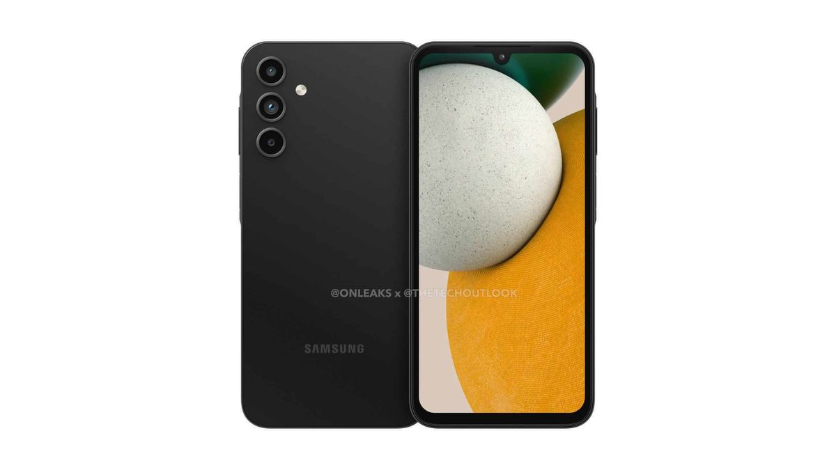 A leaked render of the front and back of the Galaxy A15 budget phone.