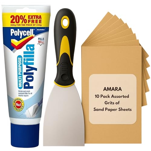 Polycell Wall Repair Bundle With Polyfilla Ready Mixed, Amara 3" Paint Scraper, and 10pcs Sandpaper for Wood &amp;amp; Walls &amp;ndash; Multi-Purpose Poly Filler &amp;amp; Wall Filler Ready Mixed for Holes &amp;amp; Surface Prep