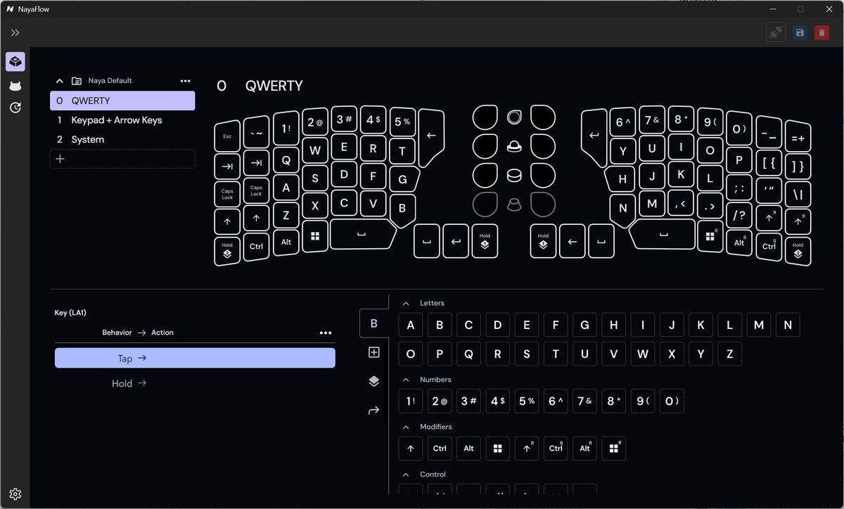 A screenshot of the early September 2025 version of the NayaFlow app for the Naya Create keyboard
