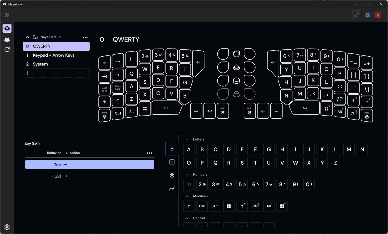 A screenshot of the early September 2025 version of the NayaFlow app for the Naya Create keyboard