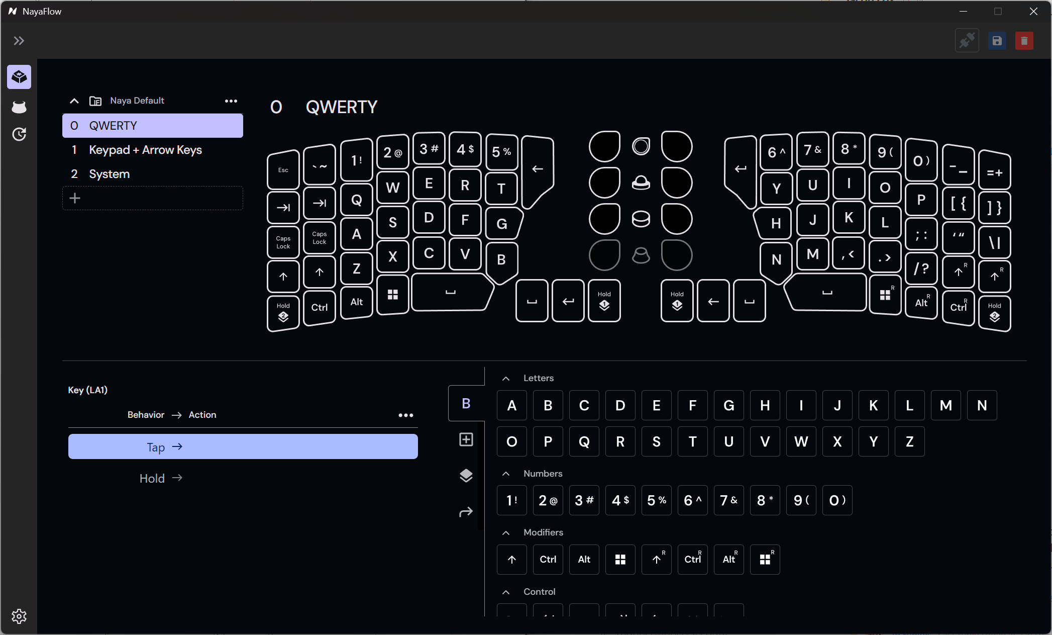 A screenshot of the early September 2025 version of the NayaFlow app for the Naya Create keyboard