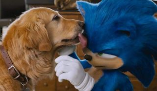 Sonic The Hedgehog being licked by Tom's dog