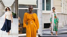 three women in street style shots showcasing what to wear to an engagement party