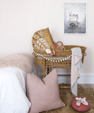 Girls nursery ideas: Baby Pink blanket and Moses basket by Norsu Interiors