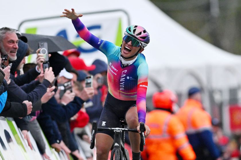 HUY BELGIUM APRIL 17 Katarzyna Niewiadoma of Poland and Team CanyonSRAM Racing celebrates at finish line as race winner during the 27th La Fleche Wallonne Feminine 2024 a 146km one day race from Huy to Huy UCIWWT on April 17 2024 in Huy Belgium Photo by Luc ClaessenGetty Images