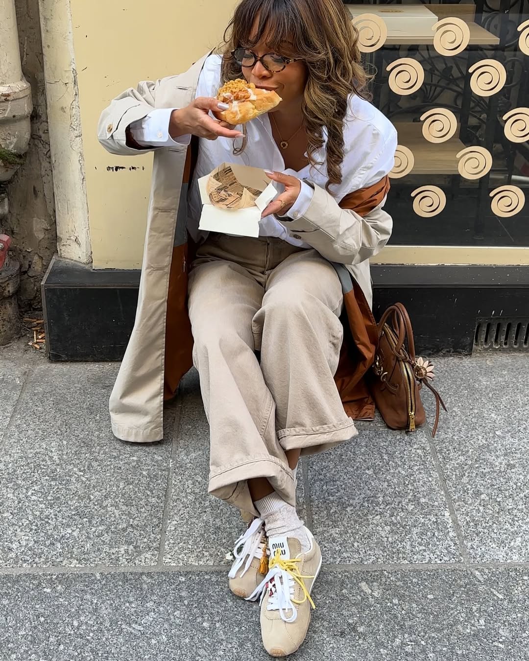 Ellie wearing double lace trainers