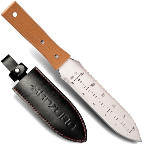 Kanzuro Hori Hori Garden Knife - Japanese Style Weeding &amp;amp; Digging Knife With Stainless Steel Blade, Depth Markings, Wooden Handle &amp;amp; Protective Sheath (silver)