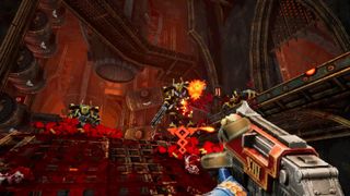 The player shooting at Chaos Space Marines in Warhammer 40,000: Boltgun.