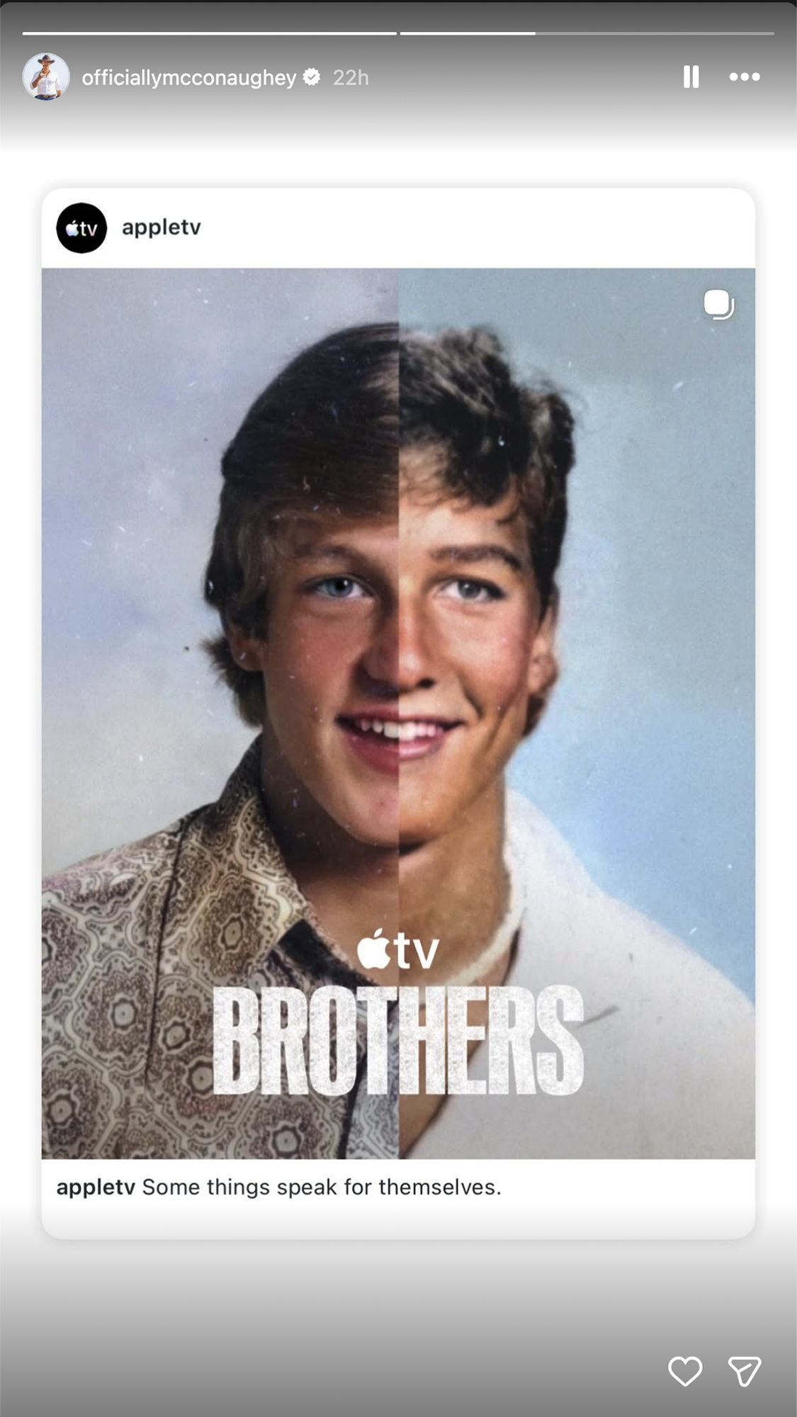 A side by side image of Matthew McConaughey and Woody Harrelson in the marketing for their upcoming Apple TV series, Brothers.