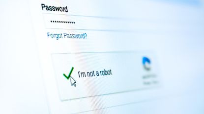 A close up of a computer screen showing the captcha "I am not a robot" clicked with a green check mark