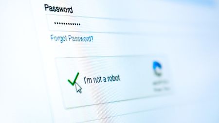 A close up of a computer screen showing the captcha "I am not a robot" clicked with a green check mark