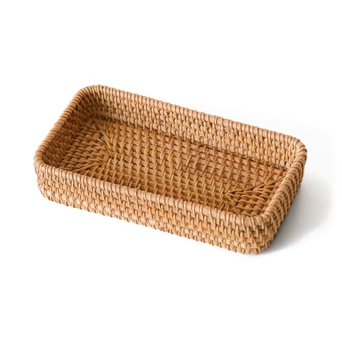 Small Rattan Serving Tray, Natural Wicker Decorative Tray Handwoven for Keys Trinkets Rings Cosmetics, Decorative Jewelry Perfume Tray for Coffee Table Entryway Living Room(8.2&quot; &amp;times; 4.3&quot;)