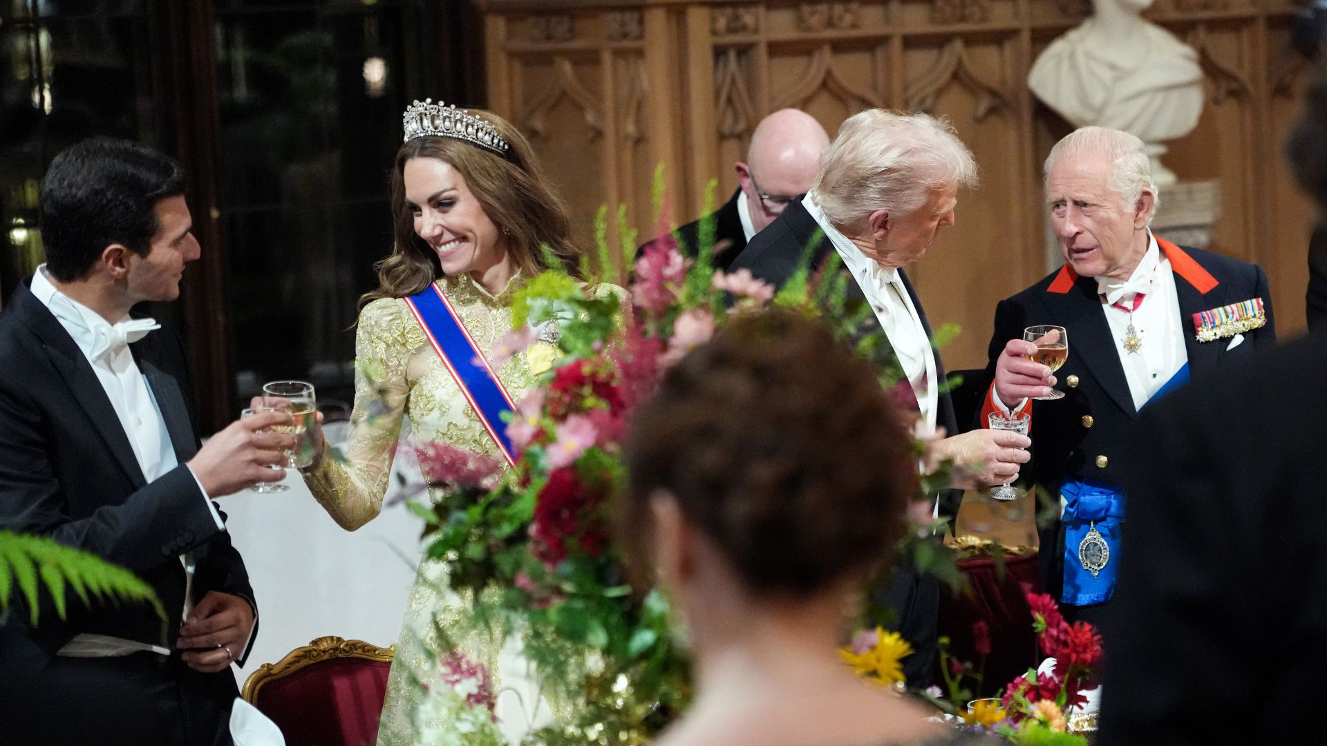 Michael Boulos, Catherine, Princess of Wales, President Donald Trump, and King Charles III attend the State Banquet