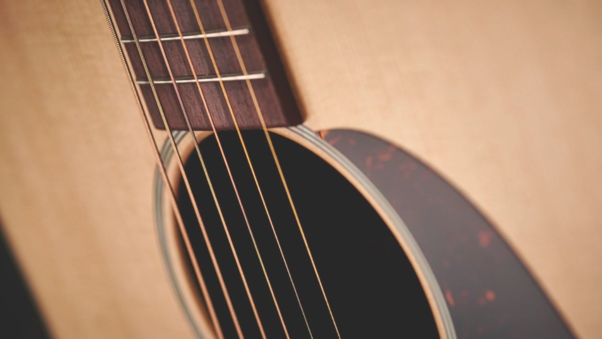 Close up of acoustic guitar strings on an acoustic guitar