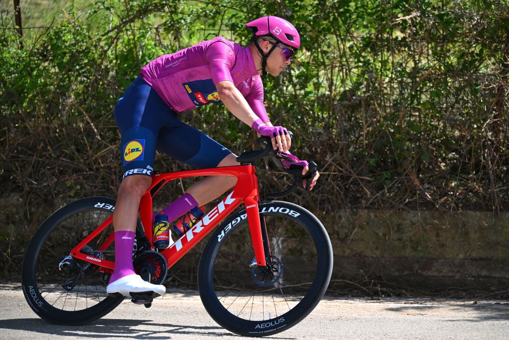 BOCCA DELLA SELVA ITALY MAY 14 Jonathan Milan of Italy and Team Lidl Trek Purple Points Jersey competes during the 23rd Durango Durango Emakumeen Saria 2024 a 113km one day race from Durango to Durango on May 14 2024 in Durango Spain Photo by Tim de WaeleGetty Images