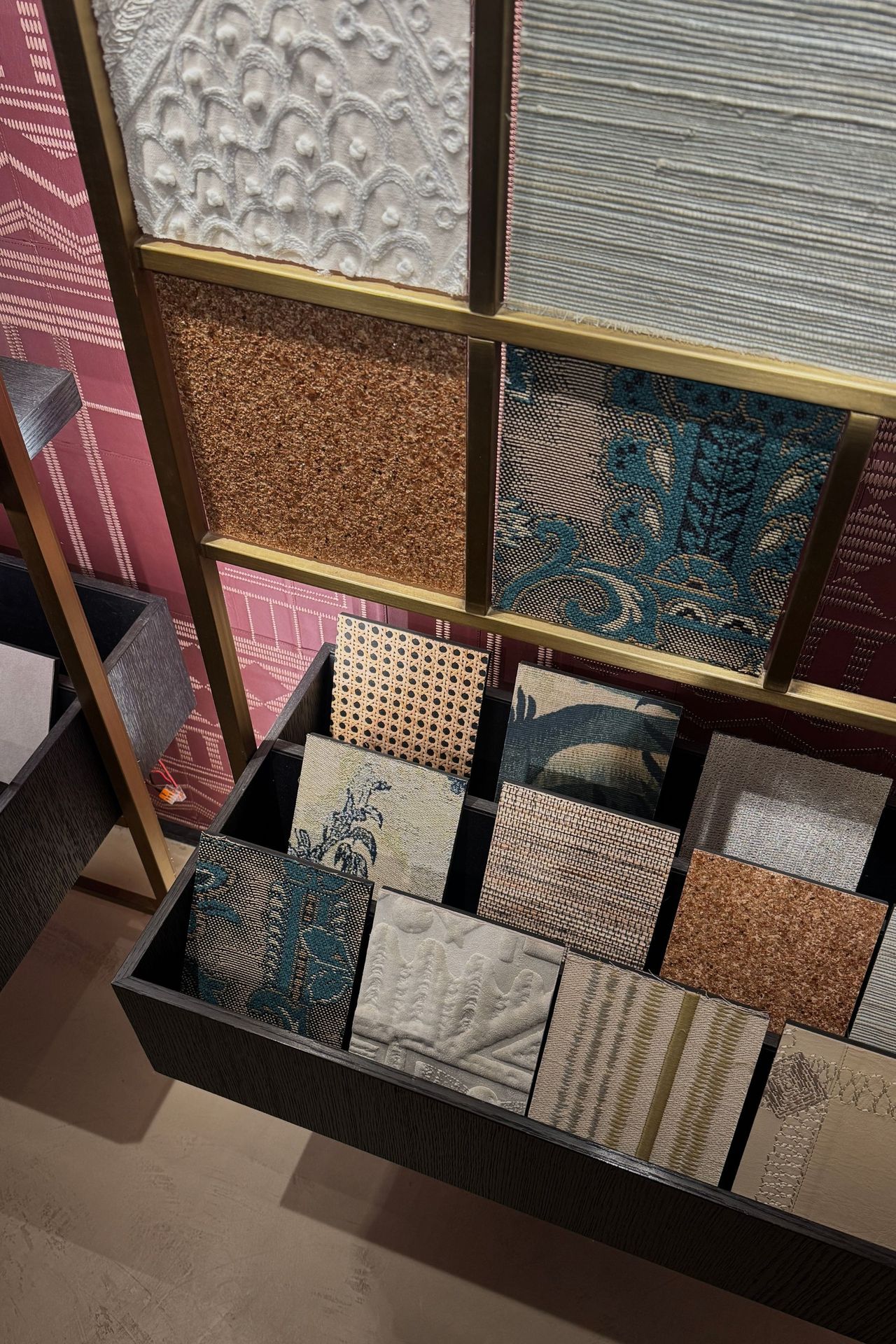 A close up of the different textured wallcoverings in Arte Showroom, Paris
