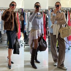 a collage of Larissa Mills wearing outfits and carrying large chic, practical tote bags