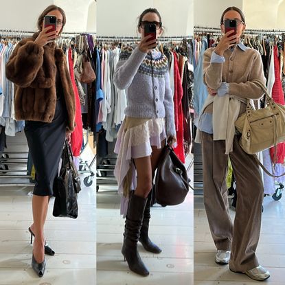 a collage of Larissa Mills wearing outfits and carrying large chic, practical tote bags