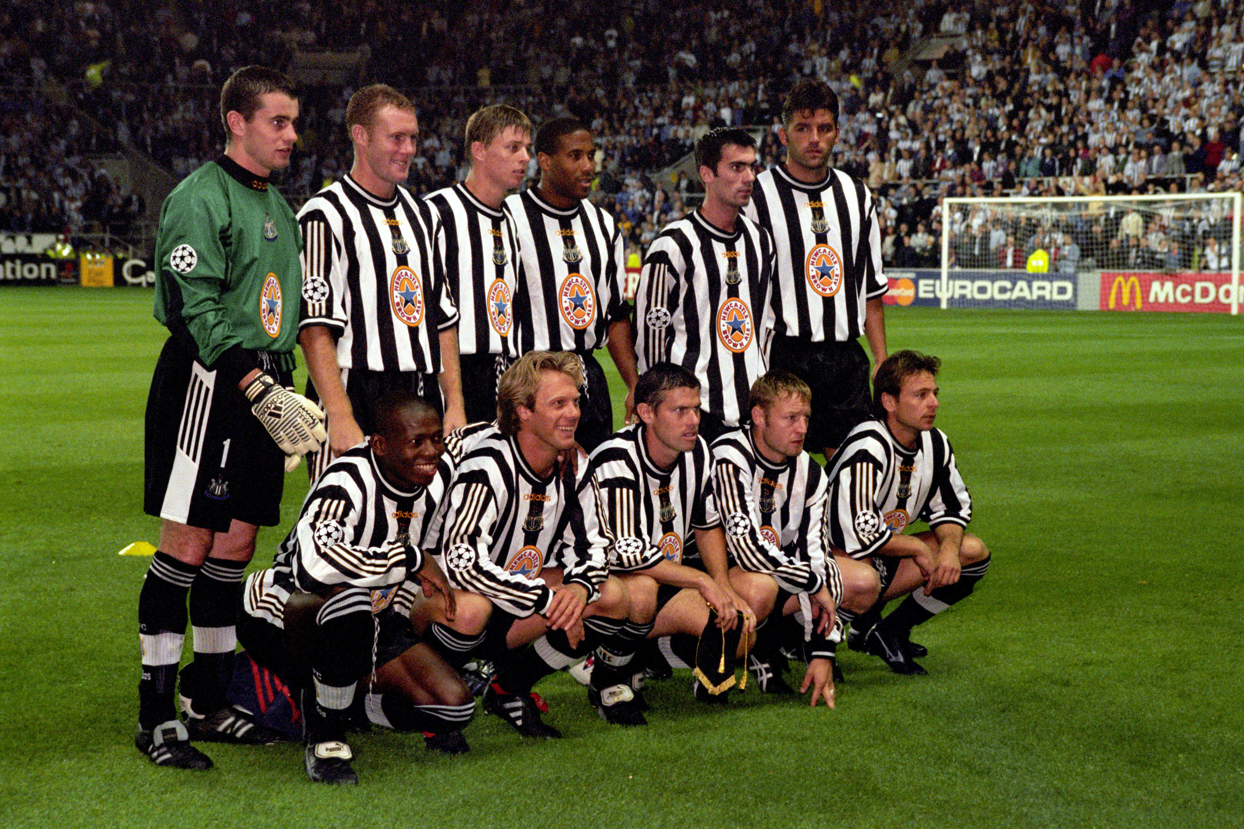 Newcastle United line up ahead of their 1997/98 UEFA Champions League group match against Barcelona at St. James' Park