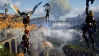 Three players use gliders to soar over Palworld's open world. A Syndicate Tower can be seen in the distance