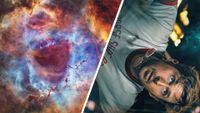 A two-panel image with a nebula colorful deep space nebula astrophoto on the left and a scene from the movie 'Project Hail Mary' featuring Ryan Gosling on the right with a white divide.