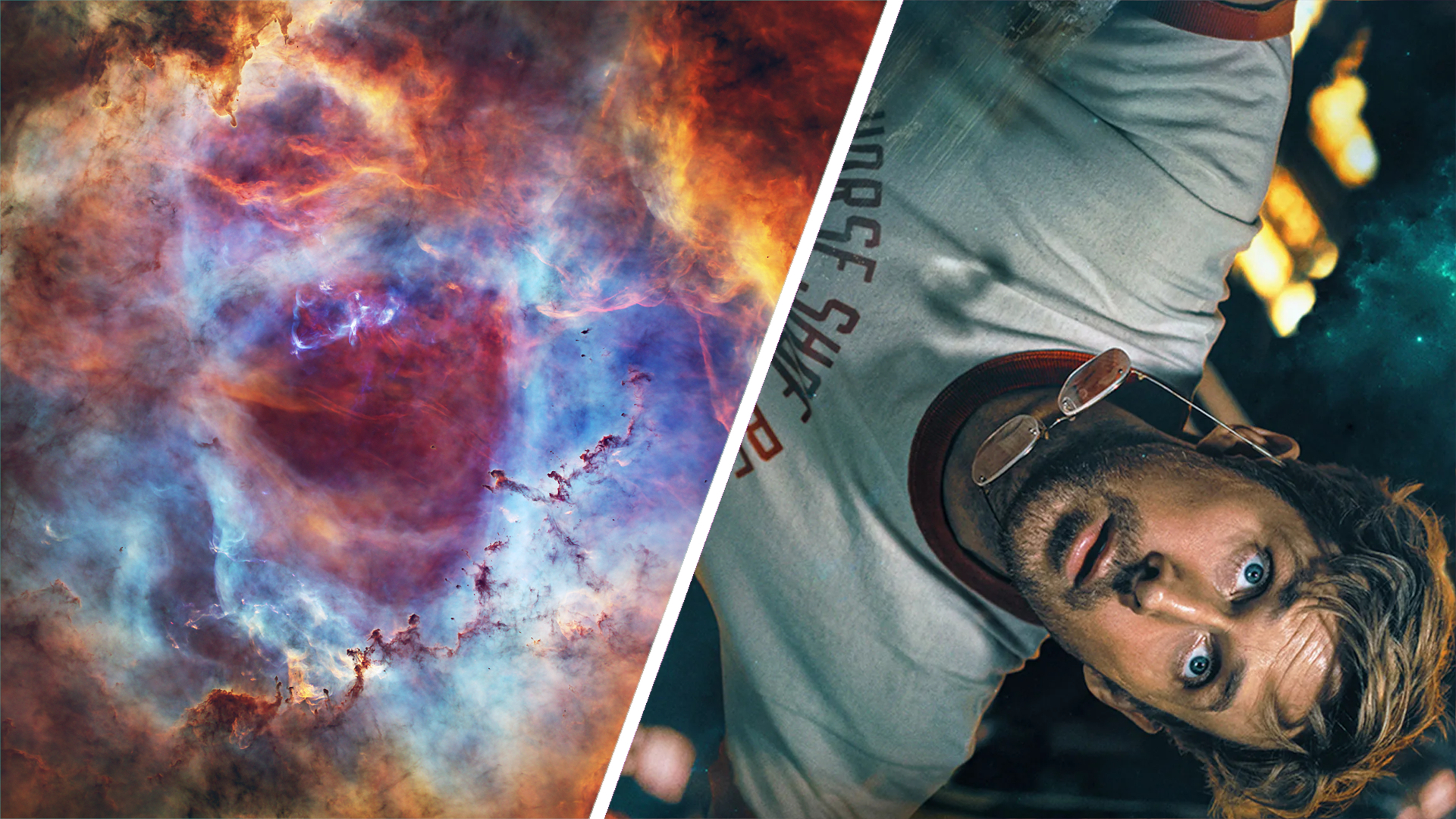 A two-panel image with a nebula colorful deep space nebula astrophoto on the left and a scene from the movie 'Project Hail Mary' featuring Ryan Gosling on the right with a white divide.