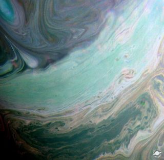 Kevin M. Gill produced this false-color view of Saturn's clouds from raw images that Cassini captured on July 20, 2016.