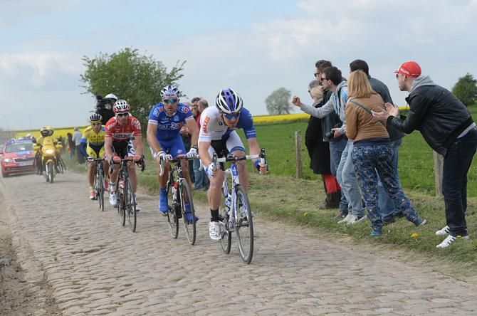 John Murphy (UnitedHealthcare) leads the breakaway at the 2014 Paris-Roubaix