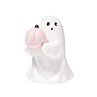 A white ghost decoration that's holding a pink pumpkin