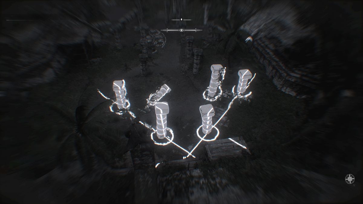 Black Flag Mayan stones: Edward crouched on top of the stele solving the puzzle in the ruins below.