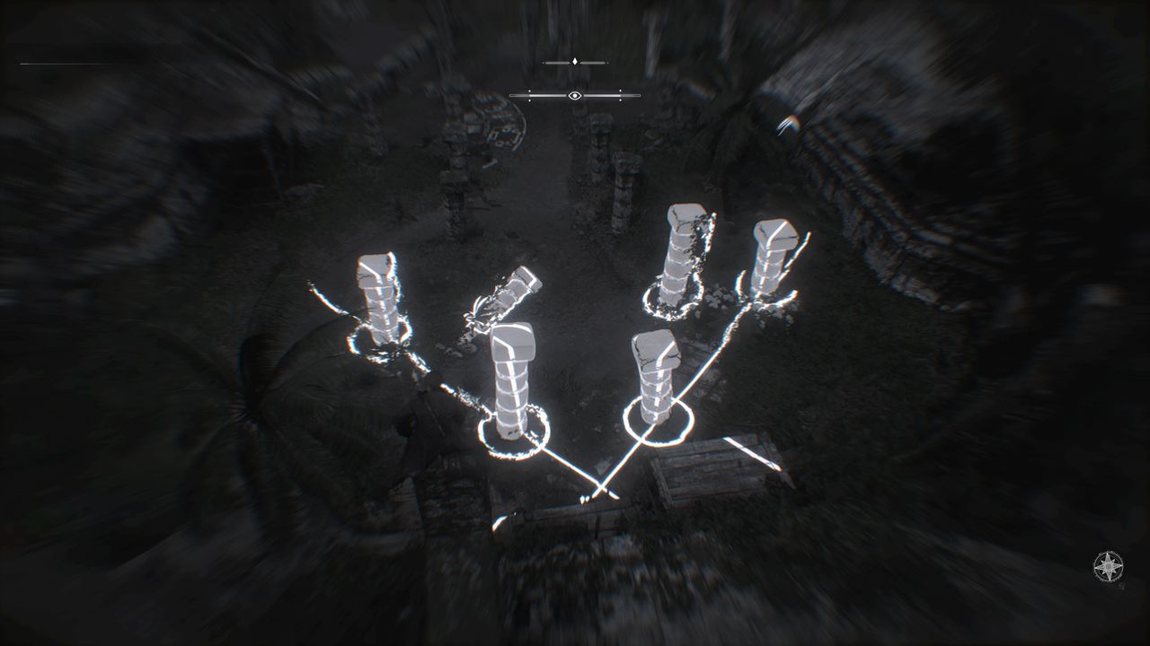 Black Flag Mayan stones: Edward crouched on top of the stele solving the puzzle in the ruins below.
