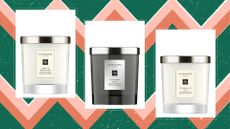 three of the best Jo Malone candles on a green and pink background