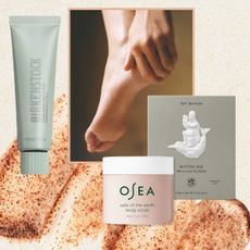 feet smooth from foot scrub on a beige background next to a sugar scrub and foot scrub products