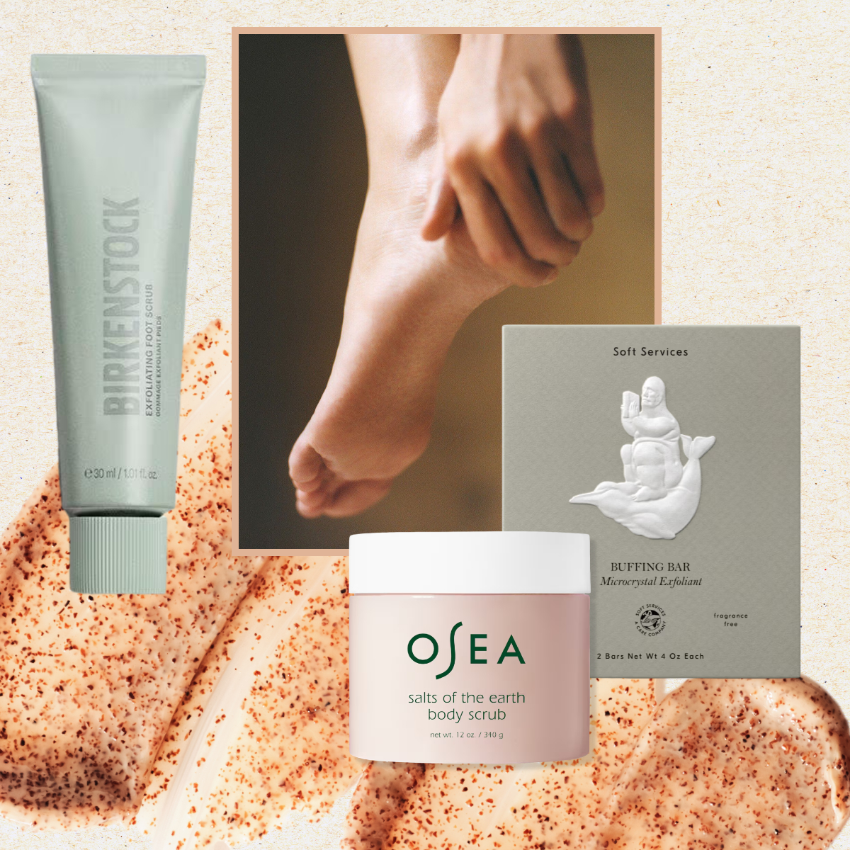 feet smooth from foot scrub on a beige background next to a sugar scrub and foot scrub products