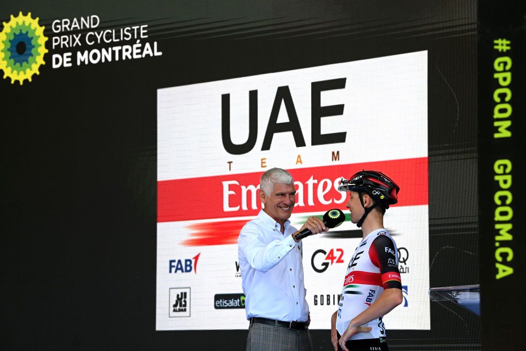 MONTREAL QUEBEC SEPTEMBER 11 Tadej Pogacar of Slovenia and UAE Team Emirates during the team presentation prior to the 11th Grand Prix Cycliste de Montreal 2022 a 221km one day race from Montreal to Montreal GPCQM WorldTour on September 11 2022 in Montreal Quebec Photo by Dario BelingheriGetty Images