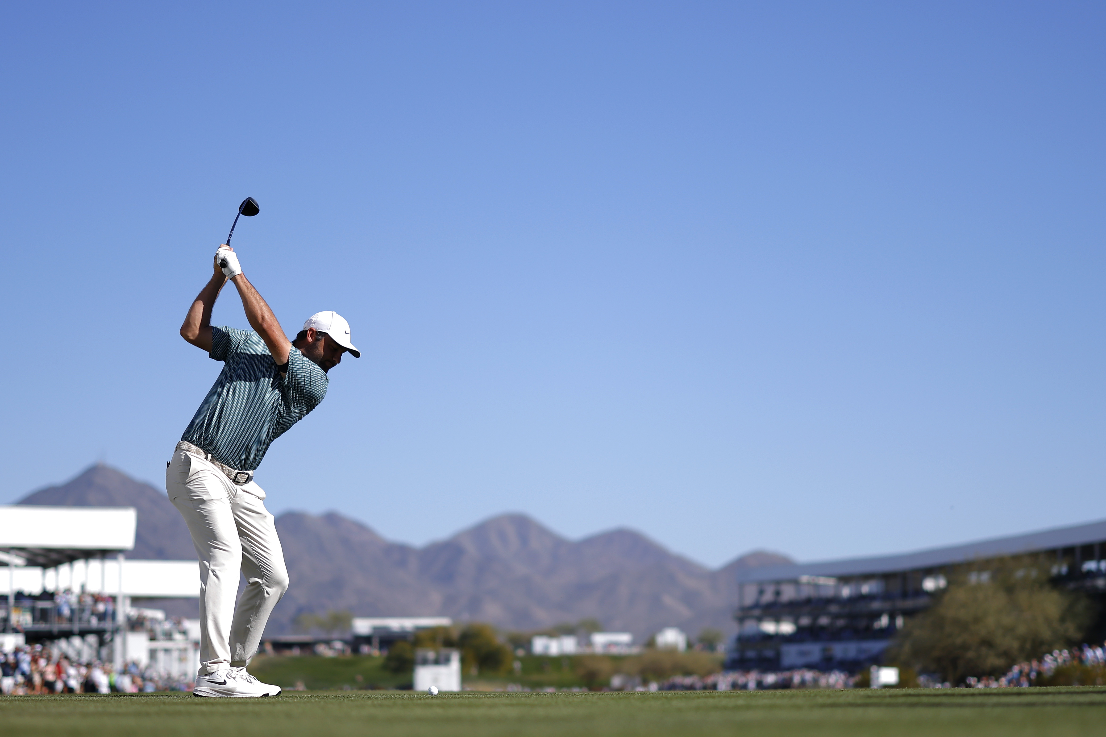 Scottie Scheffler at the top of his backswing