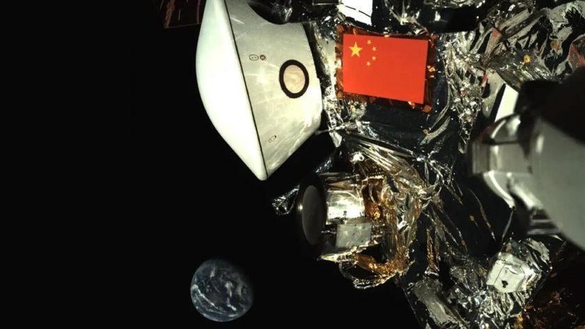 A Chinese flag flies on a metal spacecraft with the Earth in the background in the darkness of space