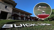 A Buick LPGA sign seen on the ground in front of the clubhouse and an inset of the Buick LPGA trophy