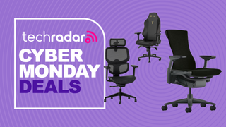 A FlexiSpot C7, Herman Miller Embody, and Secretlab Titan Evo office chair on a purple background next to a TechRadar badge reading 'Cyber Monday deals'