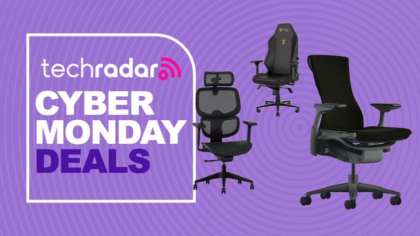 A FlexiSpot C7, Herman Miller Embody, and Secretlab Titan Evo office chair on a purple background next to a TechRadar badge reading &#039;Cyber Monday deals&#039;