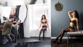 Behind-the-scenes image of two photographers shooting a model in a studio, next to the finished boudoir photograph