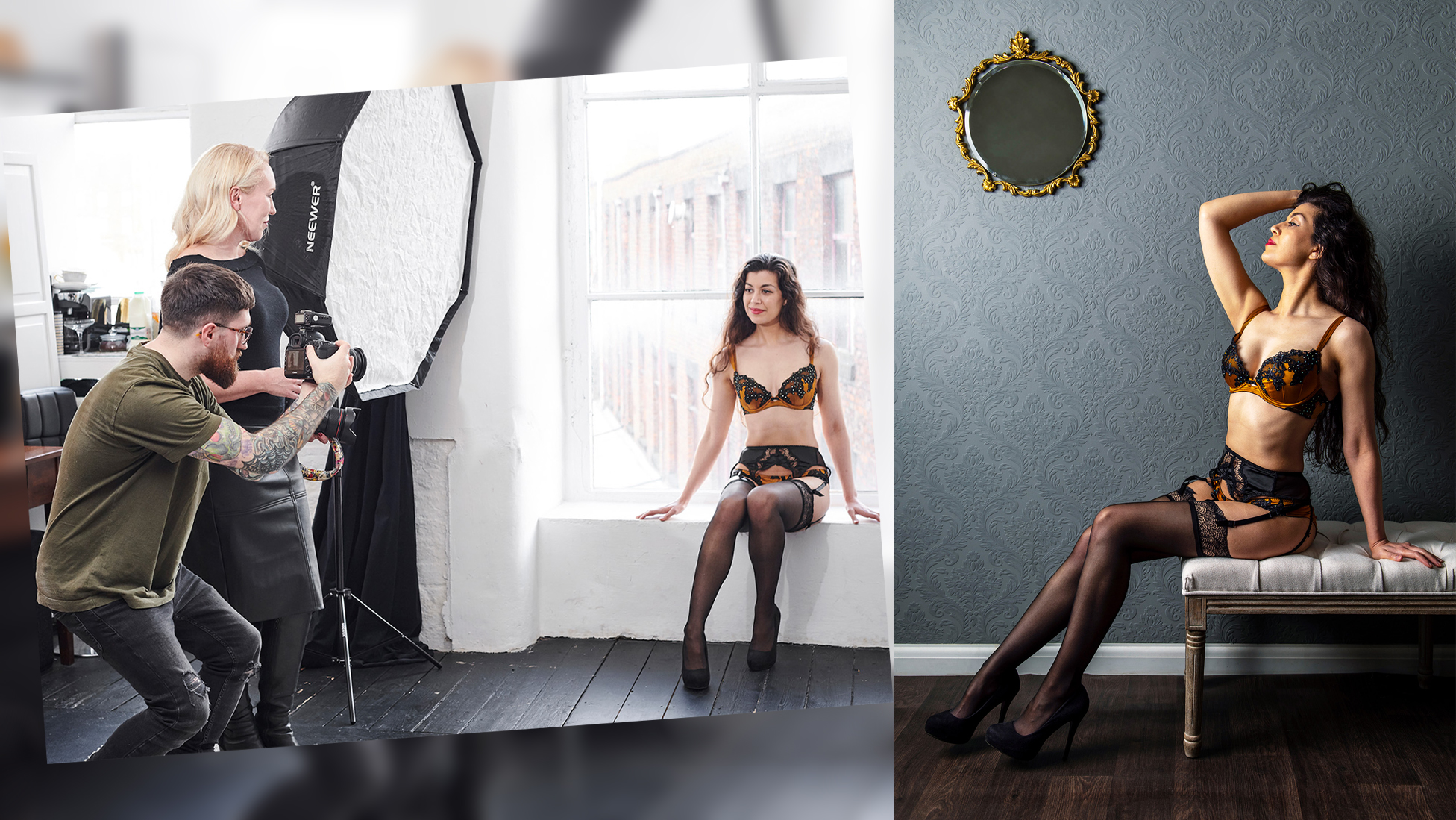 Behind-the-scenes image of two photographers shooting a model in a studio, next to the finished boudoir photograph