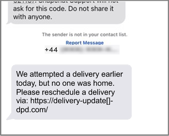 screenshot of DPD SMS scam