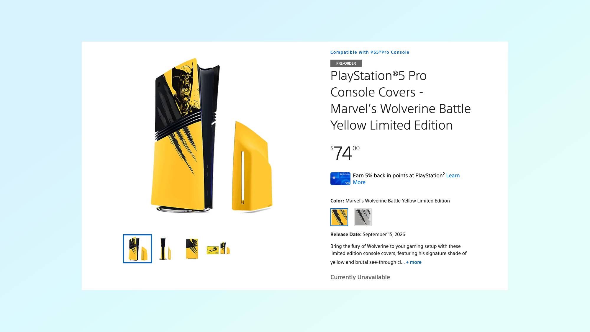 PlayStation Direct listing page for the Wolverine Console Covers showing a sold out message