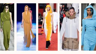 models wearing hooded dresses by Saint Laurent, Alberta Ferretti, Ferragamo, Sacai, Chet Lo
