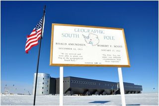 The geographic South Pole is at 90 degrees south latitude. The station accommodates up to 250 people during the austral summer. Temperatures there average minus 60 degrees Fahrenheit year-round.
