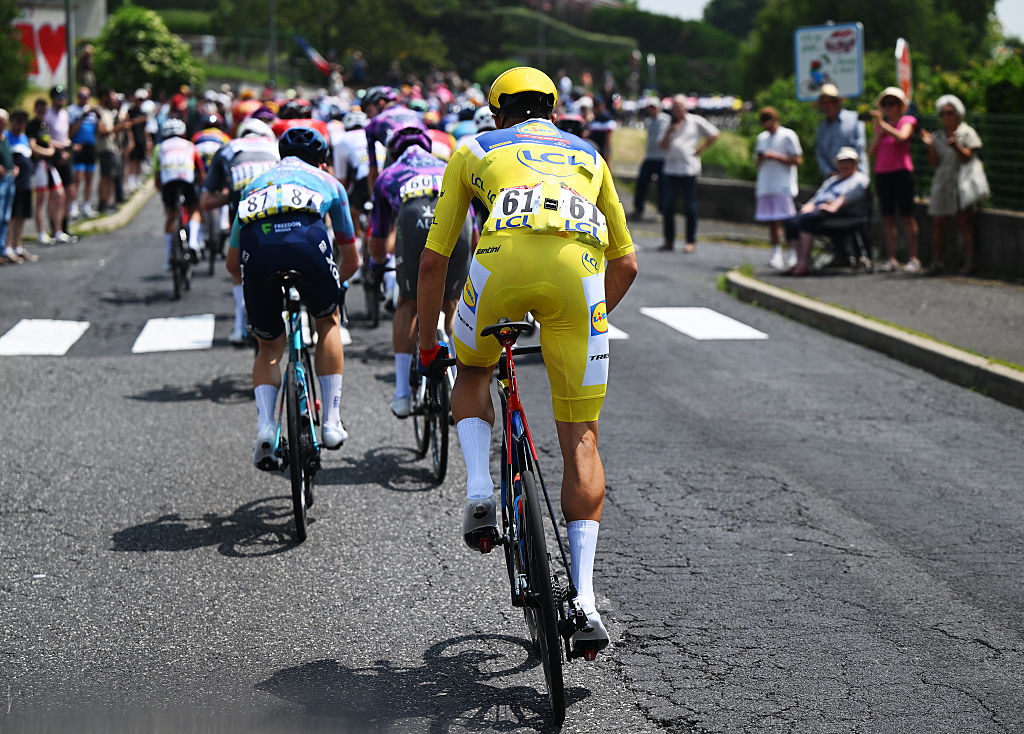 CHARANTONNAY FRANCE JUNE 10 Detailed view of Jonathan Milan of Italy and Team Lidl Trek Yellow leader jersey compete during the 77th Criterium du Dauphine 2025 Stage 3 a 2072km stage from Brioude to Charantonnay UCIWT on June 10 2025 in Charantonnay France Photo by Dario BelingheriGetty Images