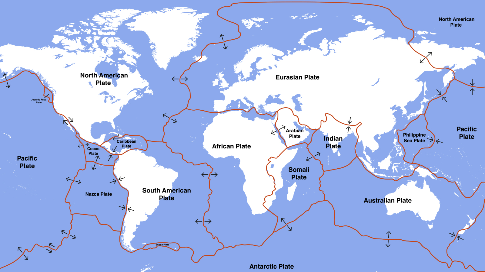 A map of Earth showing the location of tectonic plate fault lines